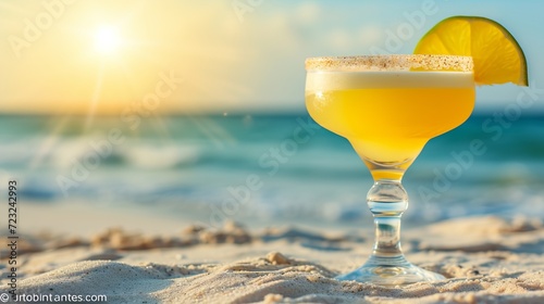 Tropical margarita cocktail with blurred beach background and copy space for text placement photo