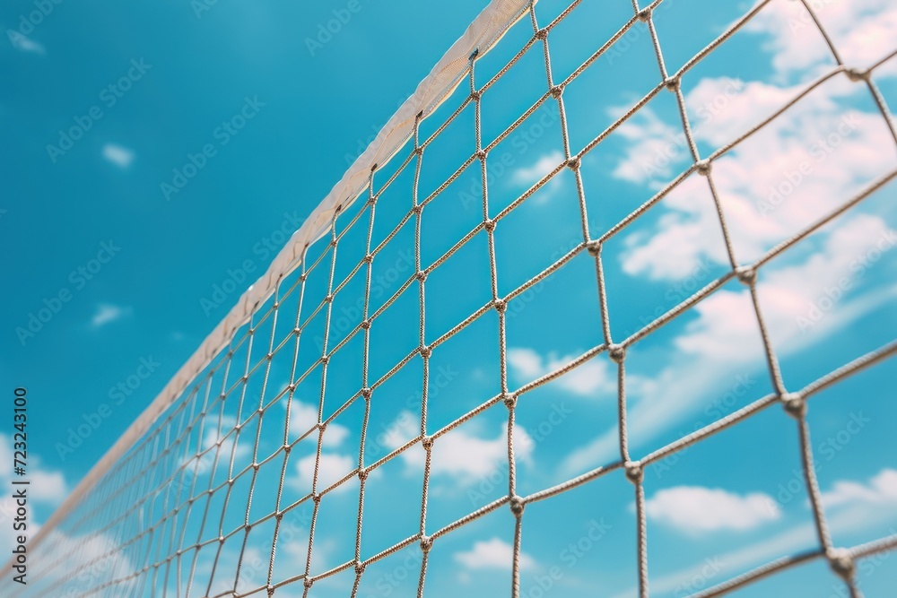 Beach volleyball net against blue sky background symbolizing summer vacation and sports Beach volleyball net against blue sky background symbolizing summer vacation and sports