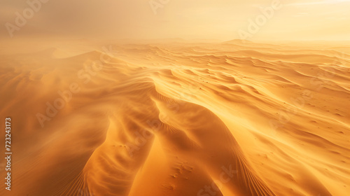 A desert landscape experiencing a rare and powerful sandstorm with swirling sands and a hazy sky. © Legano
