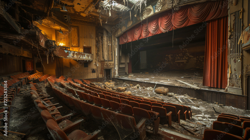 A dilapidated old theater with torn curtains and scattered debris.