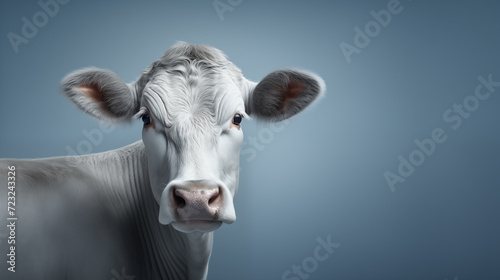 Portrait einer silber-grauen Kuh vor hellblauem Hintergrund. Solo. Fotorealistische Illustration