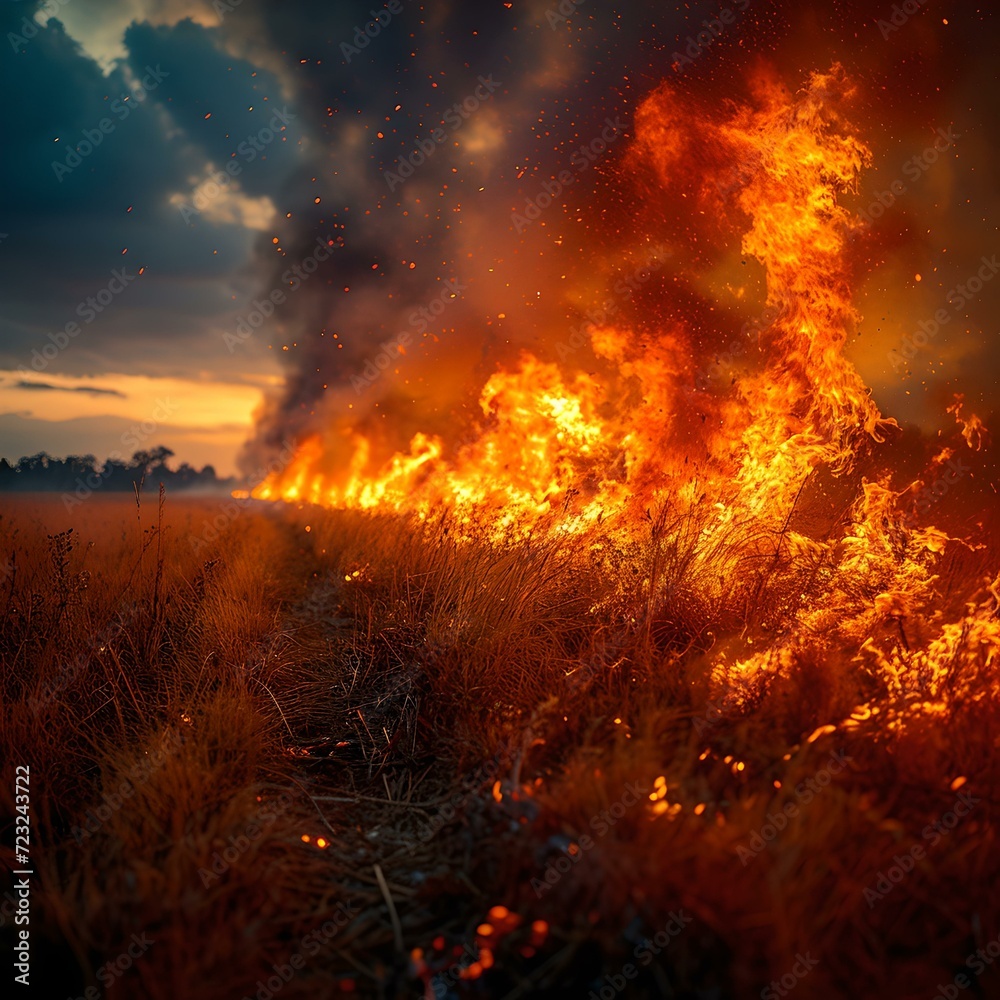 Intense wildfire blazing through a field at dusk. bold colors capture nature's fury. perfect for environmental themes. generative AI