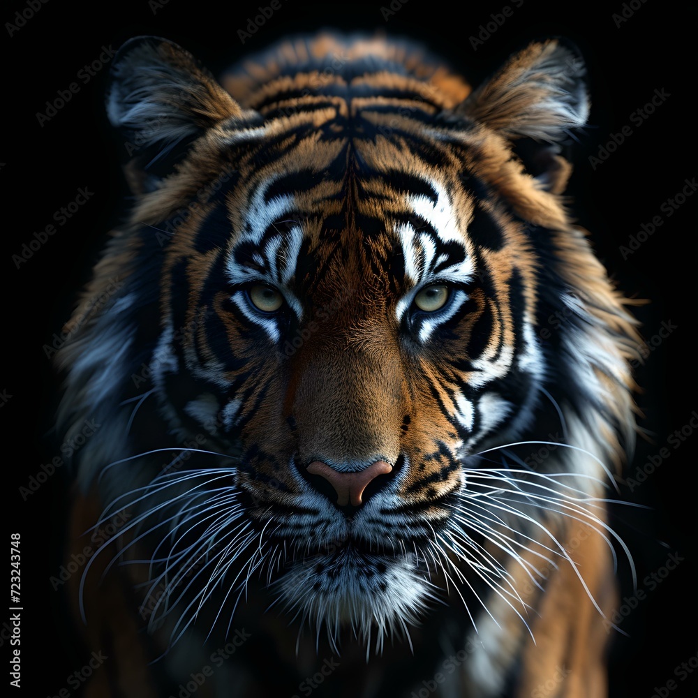 Majestic tiger gazes intently in a close-up portrait. perfect for wildlife themes. striking contrast and detail. generative AI Majestic tiger gazes intently in a close-up portrait. perfect for wildlife themes. striking contrast and detail. generative AI