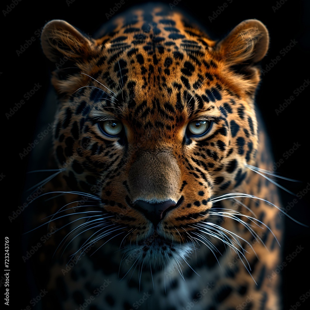 Fototapeta premium Stunning leopard portrait emerging from darkness. close-up of leopard face with intense gaze. wildlife digital art. photorealistic animal rendering. generative AI