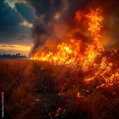 Intense wildfire blazing through a field at dusk. bold colors capture nature s fury. perfect for environmental themes. generative AI