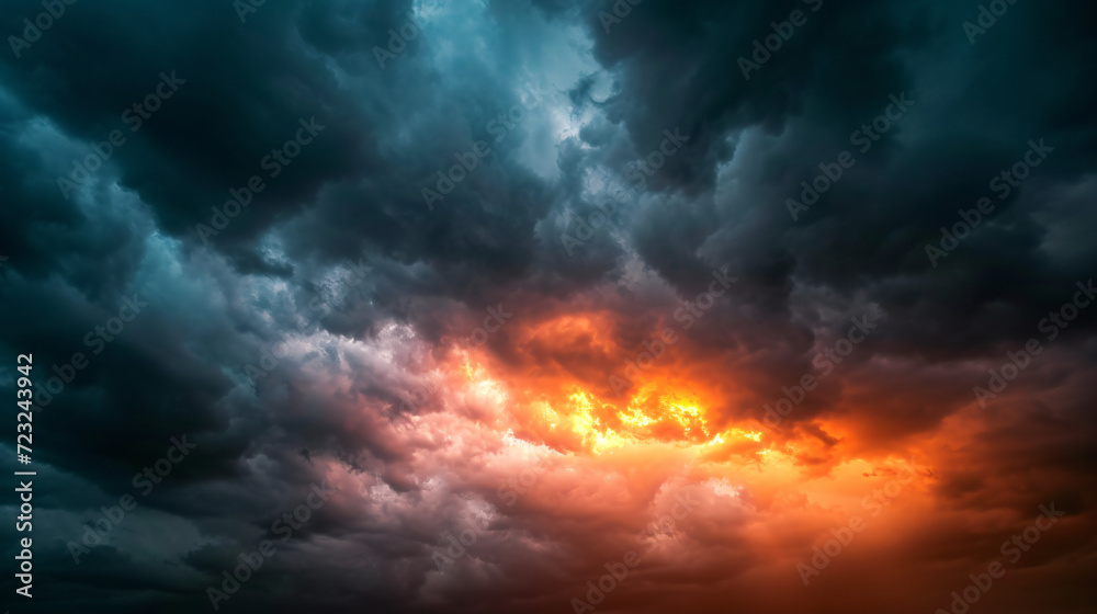 A dramatic sunset with storm clouds.