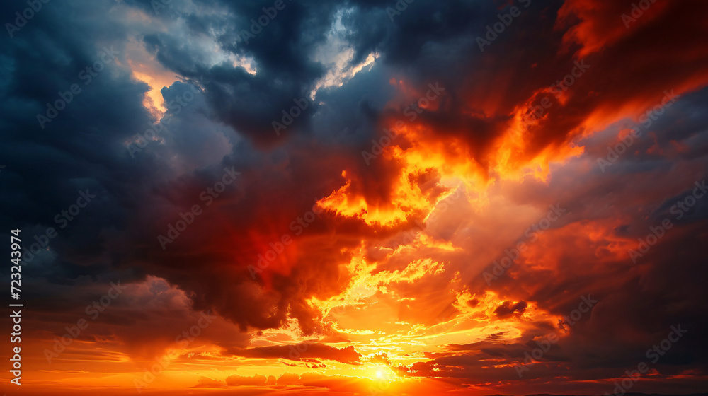 A dramatic sunset with storm clouds.