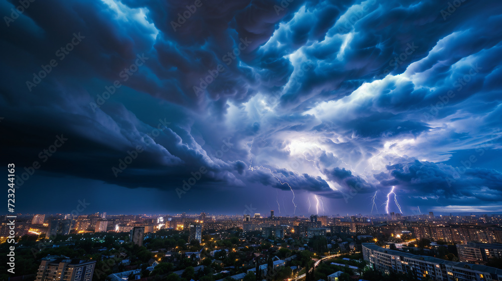 A dramatic thunderstorm over a cityscape.