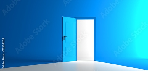 Open the door. Symbol of new career  opportunities  business ventures and initiative. Business concept. 3d render  white light inside open door isolated on blue background. Modern minimal concept.
