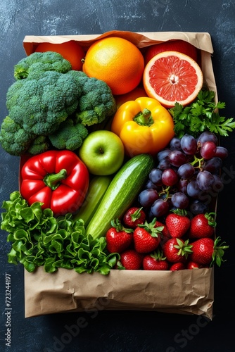 A kraft bag with vegetables and fruits on a black background. Food delivery