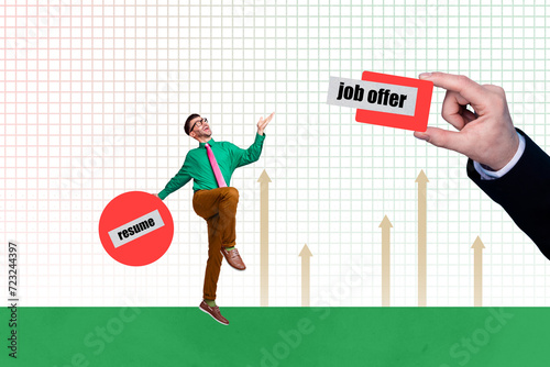 Creative trend collage of funny man search job offer candidate employment hr hand hold weird freak bizarre unusual fantasy billboard