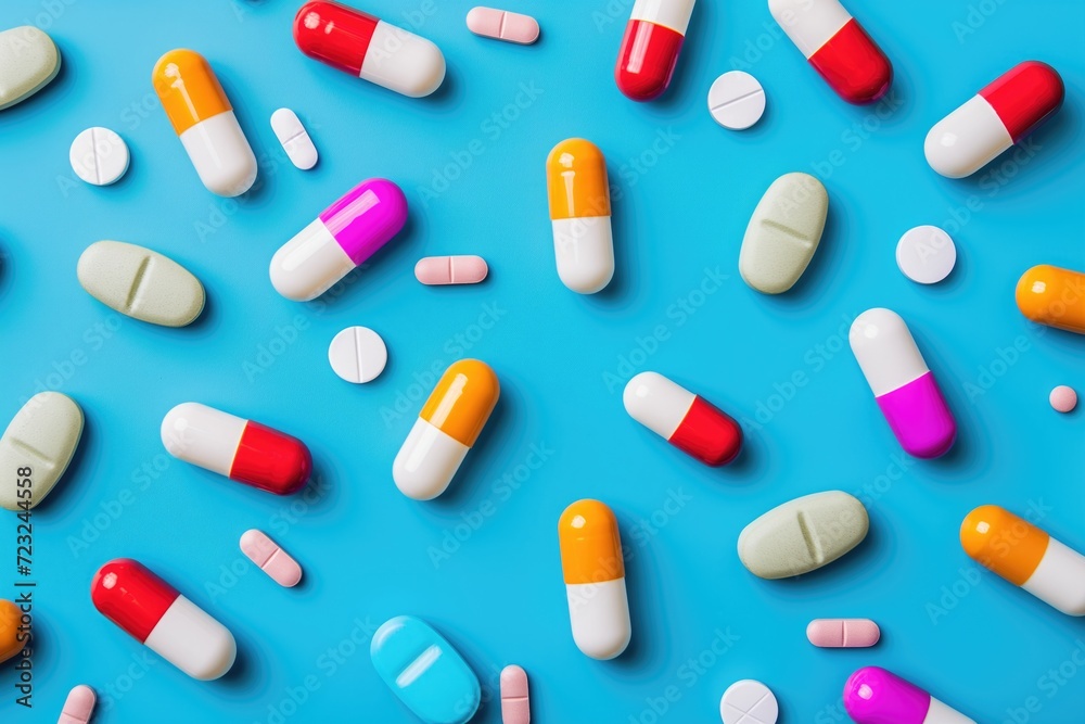 Top view colorful antibiotic capsule pills on blue background. Online pharmacy banner. World Health Day. Pharmaceutical industry. Prescription drugs Top view colorful antibiotic capsule pills on blue background. Online pharmacy banner. World Health Day. Pharmaceutical industry. Prescription drugs