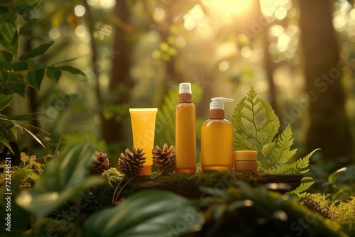 Product Photography, organic hair care products, surrounded by natural elements like wood and leaves.