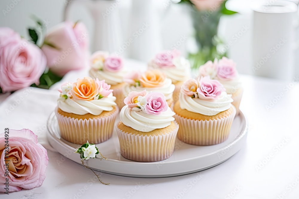 Pastel Rose Cupcakes on a White Kitchen Counter