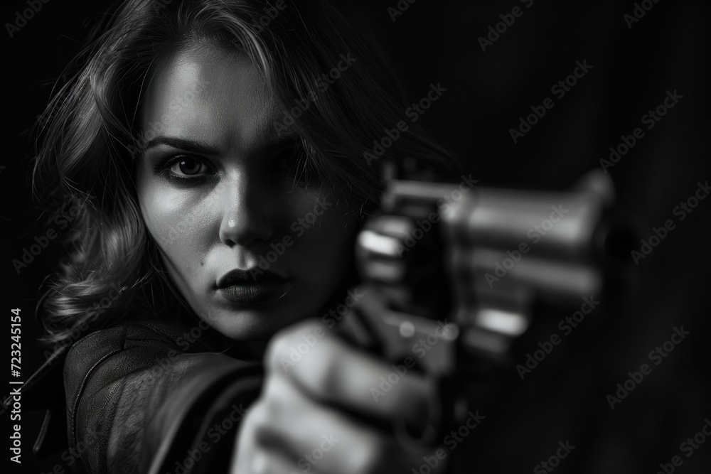 Black and white female aiming gun at front with one hand on dark backdrop Black and white female aiming gun at front with one hand on dark backdrop