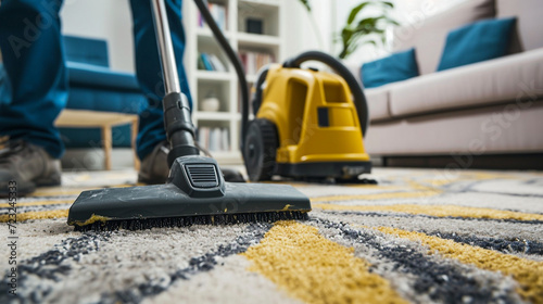 Cleaning carpet with a vacuum cleaner in the living room at home