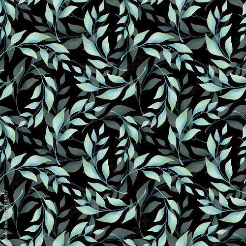 Green leaves and branches seamless pattern on black. Watercolor illustration.