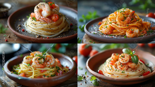 In the kitchen on a wooden table, there is a clay plate, 100 grams of spaghetti intertwined with juicy shrimp and spices. Soft diffused light envelops the plate, Italian cuisine, and culinary art.