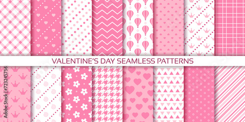 Valentine's day seamless pattern. Pink background. Love textures with heart, flower, dots and check. Set cute prints. Retro romantic wrapping papers. Holiday romance backdrop. Vector illustration