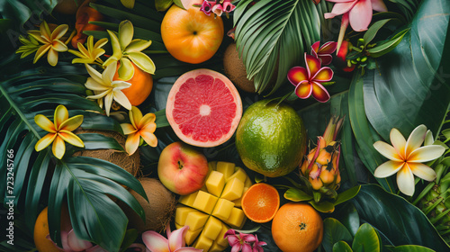 A flat lay arrangement of tropical fruits and flowers evoking a sense of paradise.