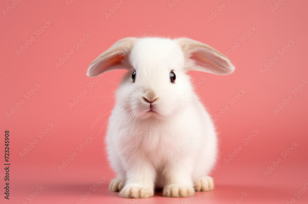 Front view of a cute white holland lop rabbit standing on a pink background. A wonderful action of a young rabbit 