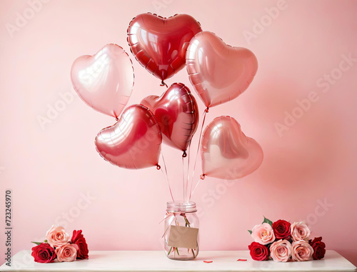 Romantic Valentine's Day Gift - Heart-shaped balloon bouquet and Mason jar full of love notes Gen AI photo