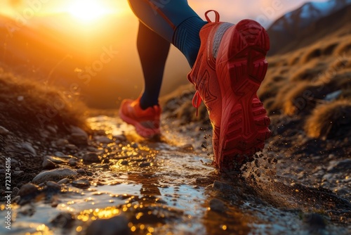 hiking boots on the mountain. "Endurance in the Elements: Conquering the Trail at Sunset"