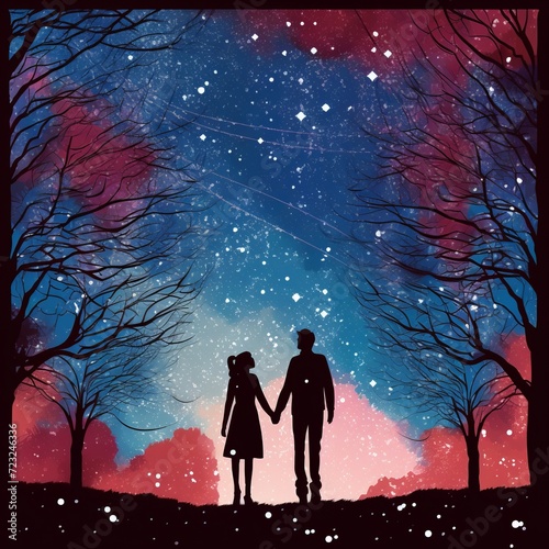 Liebespaar Silhouette Nacht Himmel Sterne Romantik Kunst Druck Valentinstag Geschenk Natur Bäume Landschaft Illustration Hintergrund Wanddekor