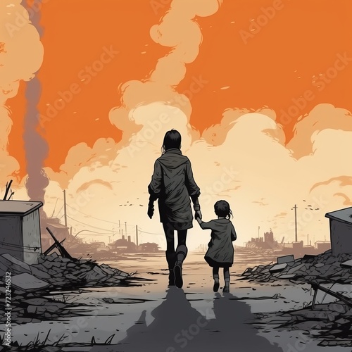 Apokalypse Kunst Frau mit Kind Überleben Stadt Zerstörung Surreal Szene Illustration Science Fiction Poster Druck Wanddekor Digital Gemalt Einzigartig Fantasy