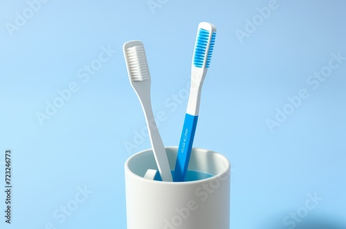 Different toothbrushes in holder on light blue background  closeup