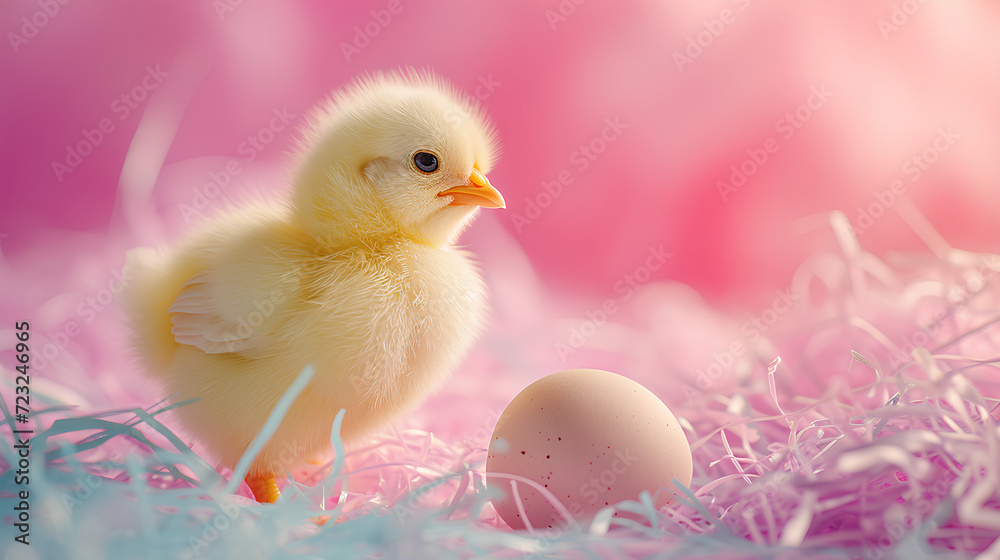 Easter. Cute yellow chicken on happy Easter day in neon light. Easter. Cute yellow chicken on happy Easter day in neon light.
