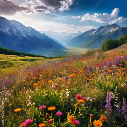 landscape nature photo of wildflower field and mountains with blue sky