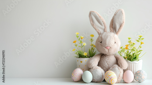 A cute stuffed rabbit and spring flowers on the table on the right, a place for text. Bright Easter. Easter.