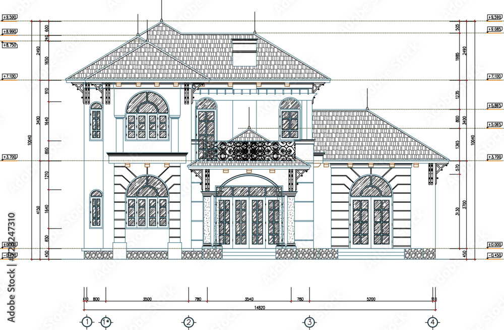Sketch vector illustration design engineering drawing architectural engineering building old house classic vintage colonial mediterranean