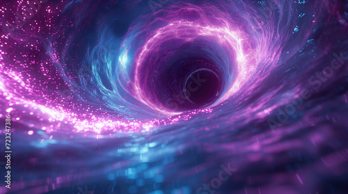 Abstract neon background. Black hole at the center of the vortex. Particles leave luminous traces. Fantastic wallpaper.