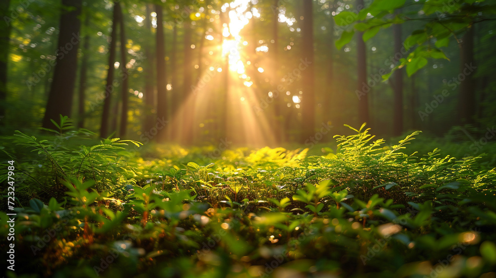 Summer Sunlight: Lush Green Forest, Vibrant Colors, Detailed Foliage, Sony Photography