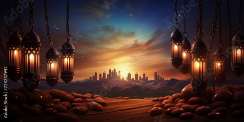  Ramadan Kareem background with and lanterns. Celebrate Ramadan Vibrant Background with Islamic Lanterns