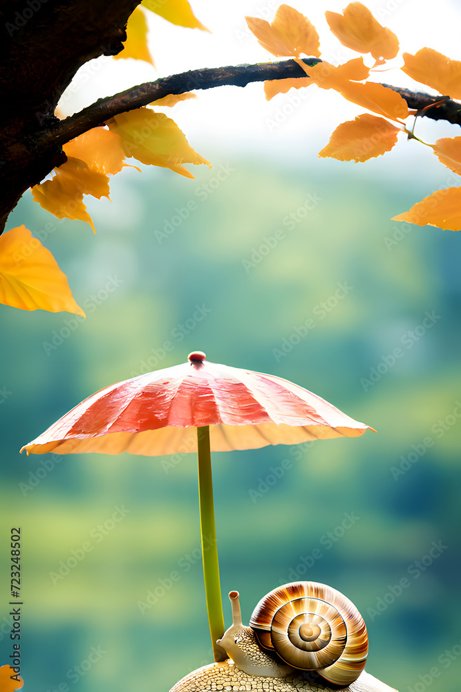 Under the Umbrella on a Lake Beach With a Snail Couple, a Branch of a Tree With Green Leaves on the Lake Water, Front View, High-quality Portrait Photograph With a Mountain Background