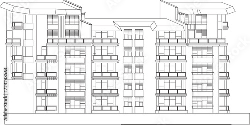Vector sketch illustration of architectural design of multi-storey building hotel villa resort apartment rest area