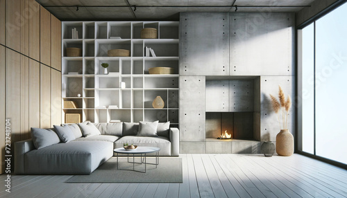 Interior of a minimalist living room with modern sectional sofa and built-in fireplace. Generative AI