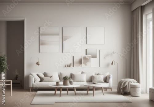 Mockup frame in interior background, room in light pastel colors, Scandi-Boho style