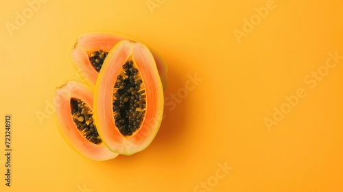 A single papaya fruit, pastel orange background photo