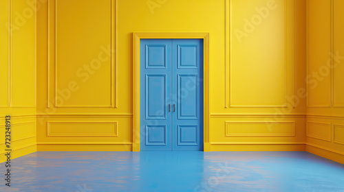 blue yellow background with double doors opening. Architectural design element. Modern minimal concept. © PT