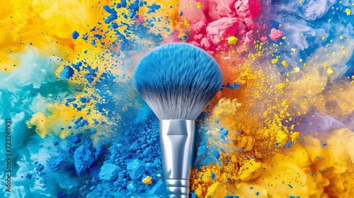 Colorful makeup brush with powder explosion close up of bursting cosmetic product