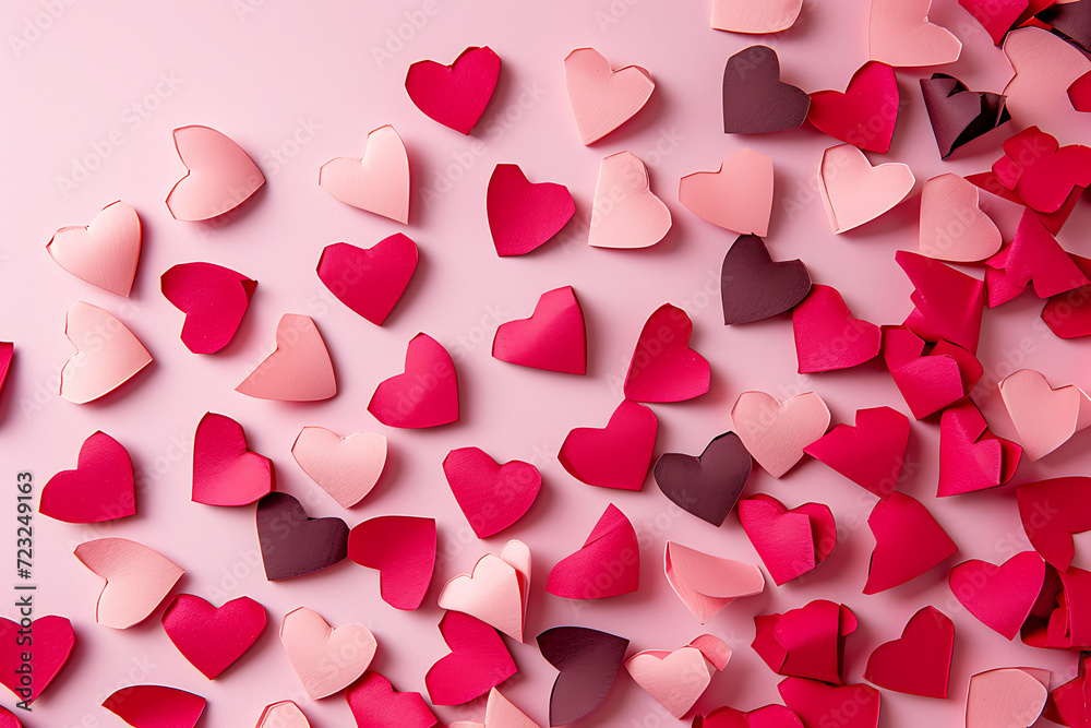 many red hearts are placed on pink background in