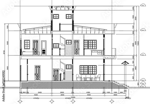 Vector sketch illustration of a section view engineering design drawing for a multi-storey house