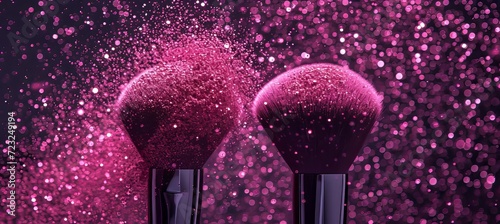 Colorful powder explosion with two makeup brushes closeup of bursting cosmetic product