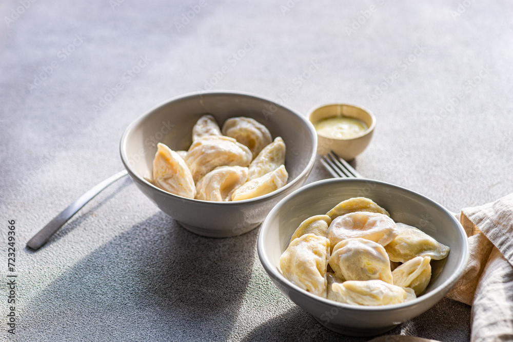 A pair of ceramic bowls containing Ukrainian varenyky, traditional dumplings, served with a side of sour cream and butter sauce, illuminated by natural light A pair of ceramic bowls containing Ukrainian varenyky, traditional dumplings, served with a side of sour cream and butter sauce, illuminated by natural light