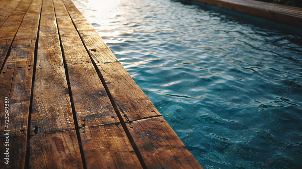 Wooden pier in the swimming pool with blue water at sunset. Wooden pier in the swimming pool with blue water at sunset.
