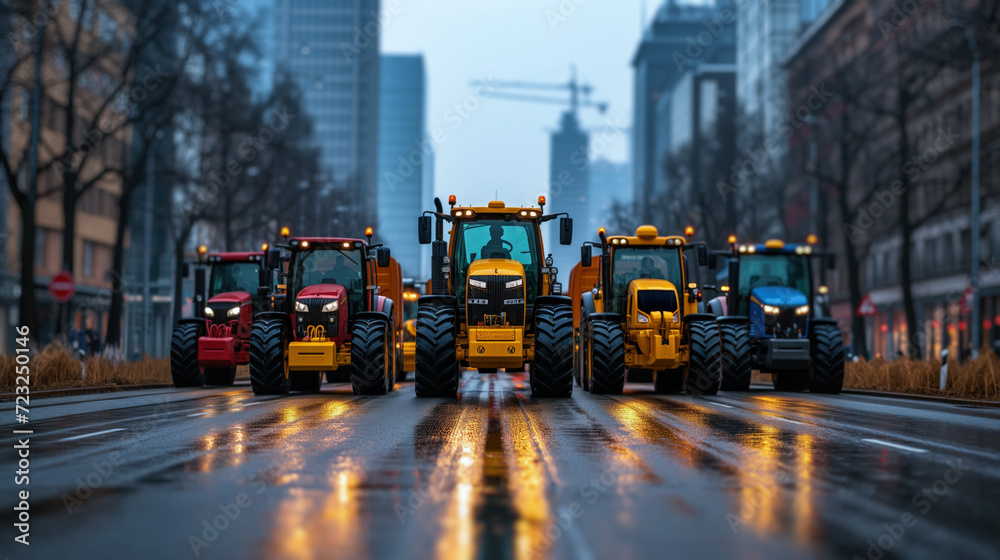 Tractors vehicles blocks city road traffic. Farmers' strike in Europe. Tractors have paralyzed the city. Farmers' tractors in the center of European capitals. Generative Ai - obrazy, fototapety, plakaty 
